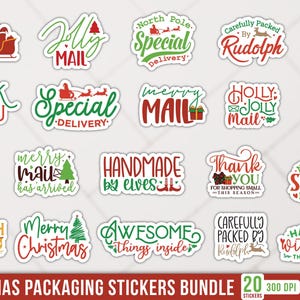 May include: A set of Christmas packaging stickers with festive designs. The stickers display phrases such as "Sleigh Mail," "Jolly Mail," and "Handmade with Love." The color scheme includes red, green, and white, with seasonal illustrations.