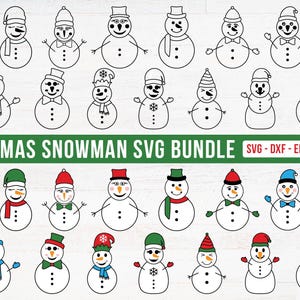 May include: A collection of snowman illustrations in black and white and in color. The snowmen are wearing hats, scarves, and bow ties. The text "CHRISTMAS SNOWMAN SVG BUNDLE" is displayed in a green banner.