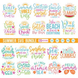 Può includere: Una collezione di 20 design SVG a tema estivo, con frasi come "Hello Summer" e "The Beach Fixes Everything". Disponibile nei formati SVG, DXF, EPS, PNG e PDF. I design utilizzano una varietà di colori vivaci.
