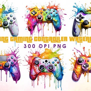May include: Six colorful watercolor illustrations of gaming controllers with paint splatter effects. The controllers are in various colors, including yellow, orange, blue, and purple. Text on the image reads "MELTING GAMING CONTROLLER WATERCOLOR" and "300 DPI PNG."