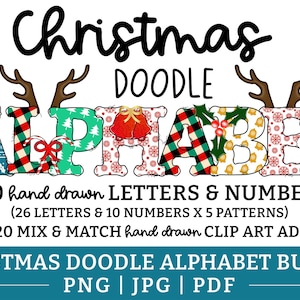 Christmas Doodle Alphabet PNG Bundle: Xmas Letters, Fonts, Clipart Sublimation Designs