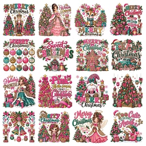 Può includere: Una collezione di sedici disegni grafici a tema natalizio con schiaccianoci, alberi decorati, ornamenti, principesse, gnomi e pupazzi di neve in motivi rosa, verdi e leopardati con testi come Merry Christmas e frasi festive.