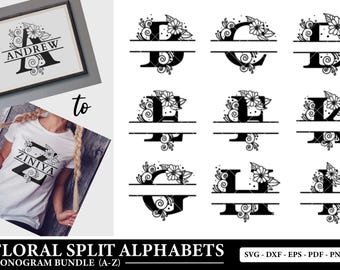 Floral Initial Monogram SVG Bundle: Custom Name Split Flower Alphabet, Letter Cut Files