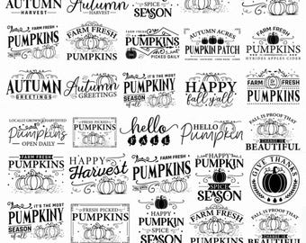 Puede incluir: Un conjunto de 40 diseños de letreros en blanco y negro con temática otoñal. Los diseños presentan calabazas, saludos de otoño y temas de cosecha. El texto incluye "Farm Fresh", "Happy Pumpkin Spice Season" y "Autumn Harvest."