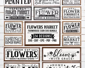 Blumenmarkt SVG Bundle: Rustikaler Frühling Frische Blumen Bauernhaus Dekor Schild Designs (PNG EPS)
