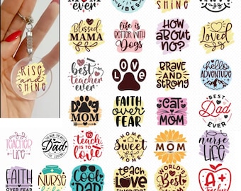 May include: A clear acrylic keychain with the words "Rise and Shine" in yellow script is held in a hand. The image displays a bundle of 35 SVG designs for keychains with various inspirational quotes and graphics, including "Best Mom Ever" and "Best Teacher Ever."