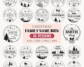 Christmas Family Name Sign SVG Bundle: Round Xmas Monogram, Door Hangers (Digital Download)