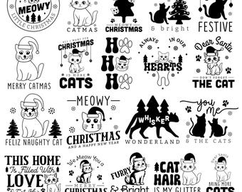 Julkatt SVG-paket, Meowy Merry Catmas Feline Festliga Pälsklingar & Ljusa T-shirtdesigner, Kitty Christmas Cut-filer för Cricut