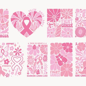 May include: A collection of pink and light pink floral designs with text related to breast cancer awareness. The designs include flowers, ribbons, and phrases like "Fight Cancer" and "Give Cancer the Boot."