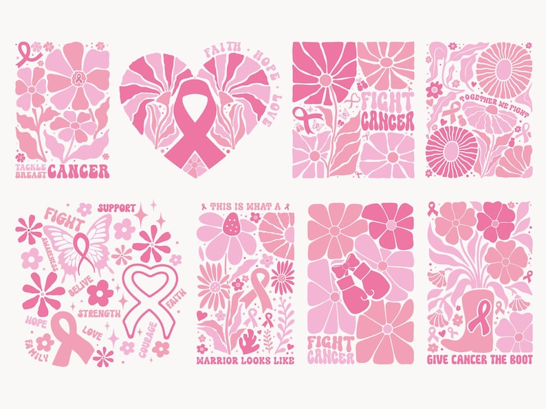 May include: A collection of pink and light pink floral designs with text related to breast cancer awareness. The designs include flowers, ribbons, and phrases like "Fight Cancer" and "Give Cancer the Boot."