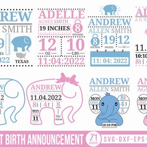 May include: A collection of baby birth announcement designs featuring elephant illustrations in blue and pink. Each design includes the baby's name, birth date, weight in pounds, and length in inches, along with the state of Texas.