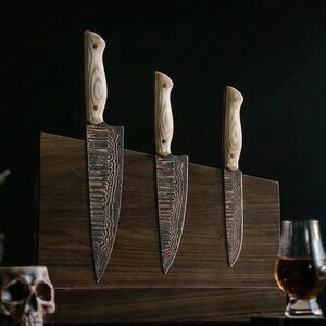 Copper Damascus Kitchen Knife Set, Chef Knife & Utility Knife Set with Wood Handles, Custom Culinary Knife Block Set, Housewarming Gift