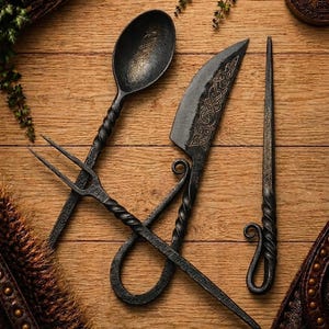 May include: A set of hand-forged black metal cutlery including a spoon, a two-pronged fork, a knife, and a thin pointed tool. Each piece features a twisted handle and intricate gold-colored Celtic knotwork engravings on the surfaces.