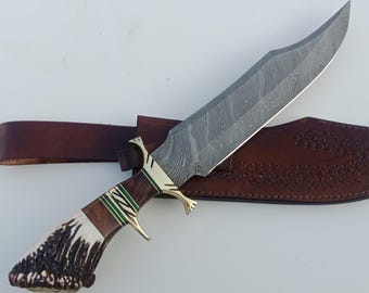 Custom Damascus Steel Tactical Bowie Hunting Knife with Sheath - Handmade Knife with Antler Stag Handle