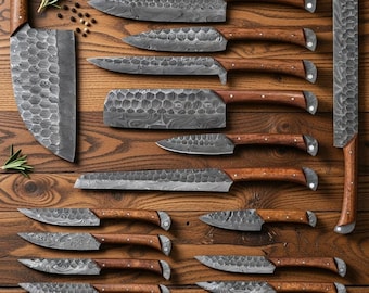 Handmade Damascus Steel Kitchen Knives Set, 17-Piece Chef & Steak Knife Set, Anniversary Gift for Mom, Boyfriend – Premium Chef Knife Gift