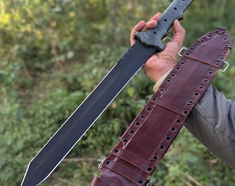 Vintage-Style Large Camp Bowie Knife - Black Blade Machete w/Hand-Stitched Leather Sheath - Personalized Heavy-Duty Outdoor Bushcraft Tool