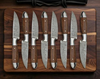 Handmade Damascus Steel Steak Knives Set of 6 – Kitchen Knife Set with Leather Sheath – Anniversary Gift for Him