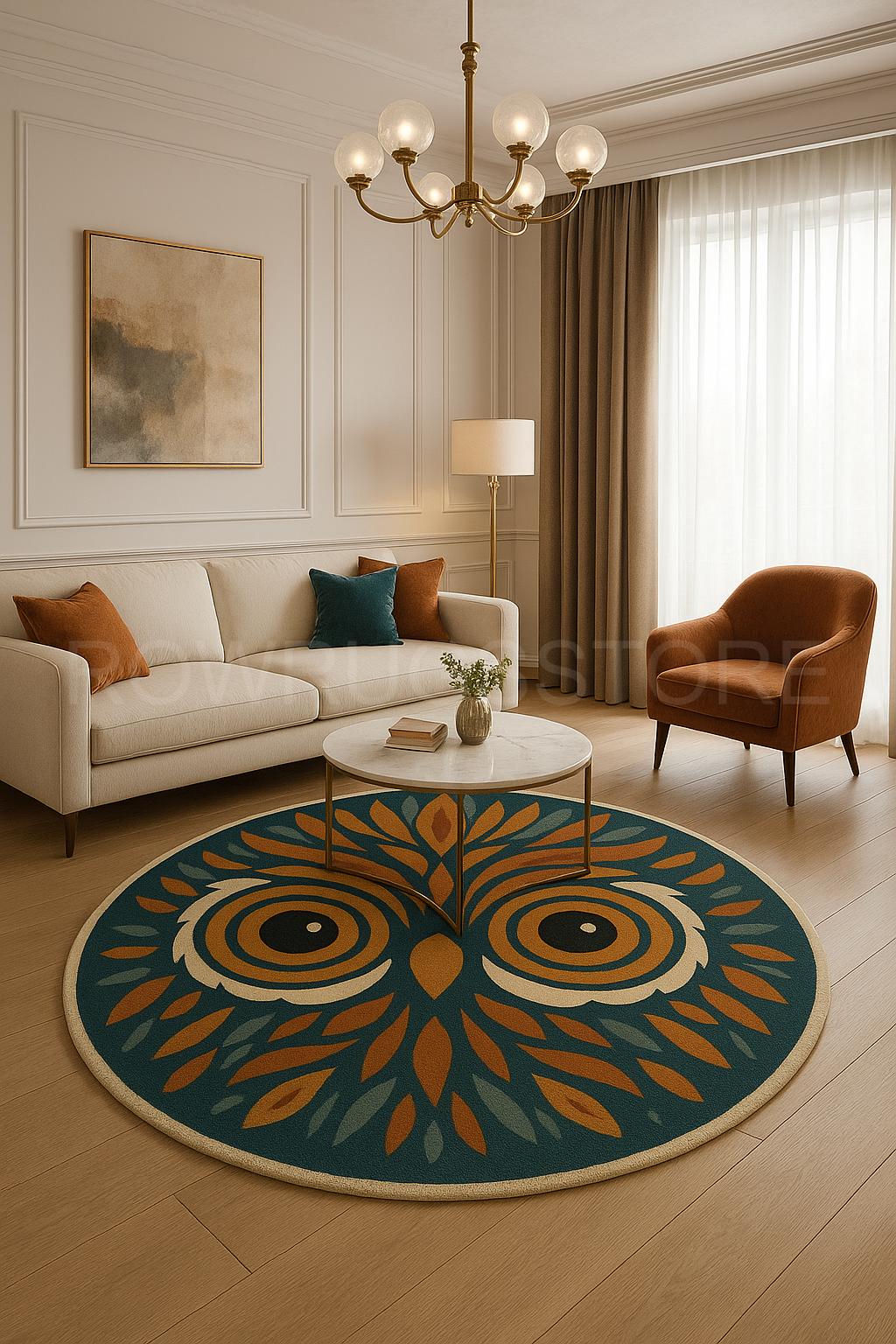 Round Owl Rug – Boho Animal Print Accent Carpet, Modern Owl Face Area Rug for Living Room, Kid