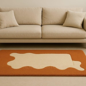 Hand-Tufted Wool Blob Rug – Burnt Orange & Cream Wavy Accent Carpet for Living Room  Bedroom