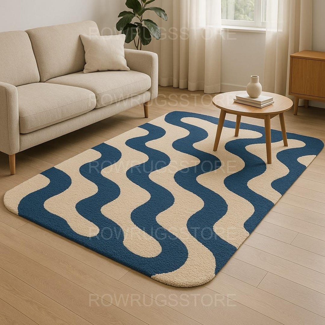 Handmade Wool Area Rug – Blue & Beige Wavy Abstract Design - Etsy