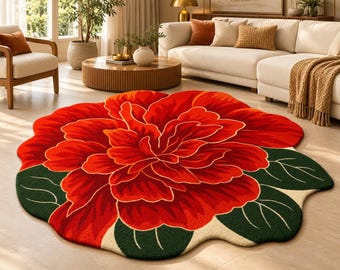 May include: A large, round, floor rug shaped like a blooming flower. The centre features layered, vibrant red petals with deep orange highlights, surrounded by dark green leaves with light green vein details on a cream-coloured base.