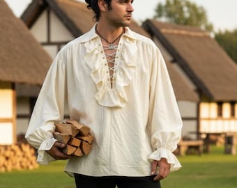 Middeleeuws renaissanceshirt met ruches voor heren – LARP-shirt piratendichter, gothic-fantasietuniek, Viking-cosplaytopje