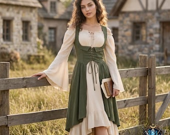 Middeleeuwse boerenjurk dames – Renaissancekostuum, cottagecore-jurk, LARP-outfit, Fantasy Fair-jurk, boho-korsetjurk