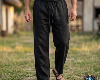 Middeleeuwse linnen broek voor heren – Viking LARP-broek, renaissancekostuumbroek, cosplaykleding, rustiek losvallend trekkoord