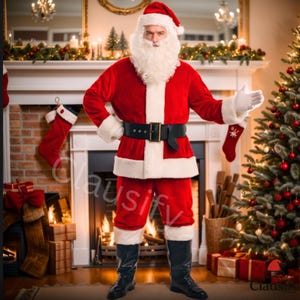 Kerstmanpak heren: pluche fluwelen kerstkostuum met hoed, baard en riem