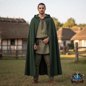 Op de afbeelding: Een donkergroene cape met capuchon en leren sluiting, gedragen over een lichtgroene tuniek en broek. De cape is lang en vloeiend en reikt tot de enkels. De persoon staat in een grasveld met gebouwen op de achtergrond.