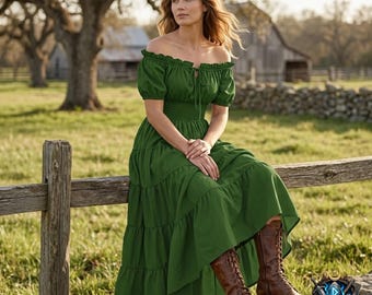 Cottagecore off-shoulder maxi-jurk – renaissance boerenjurk, middeleeuws LARP-kostuum, bohoprairiejurk, fantasy fair-outfit