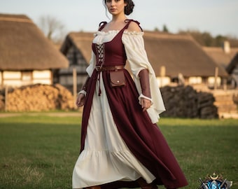 Middeleeuwse veterjurk – renaissance boerenjurk, LARP-kostuum, Viking-fantasy-outfit, maxi-jurk Cottagecore