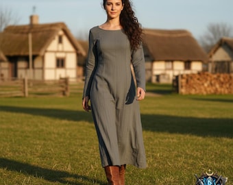 Renaissance Faire-jurk – middeleeuwse linnen maxi-jurk met lange mouwen, boerenkostuum, LARP-outfit, fantasie Viking-jurk