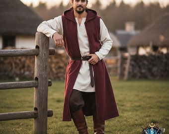 Middeleeuwse vestmantel met capuchon voor heren – Viking LARP tuniekjas, Renaissance festivalkostuum, Fantasy Warrior-outfit, katoenen gewaad