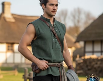 Middeleeuws mouwloos tuniekshirt met veters voor heren – Viking LARP-kostuumtop, Renaissance Fair-outfit, piratenshirt, linnenlook