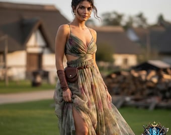 Fantasiewikkeljurk – LARP-kostuumjurk, middeleeuwse renaissancejurk, Fairycore-outfit, cosplayjurk, maxi-festivaljurk