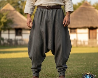 Middeleeuwse broek voor heren – linnen Vikingbroek, LARP-kostuumbroek, Renaissance Faire-kleding, cosplay krijgerbroek, wijde katoenen broek