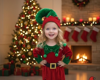 Girls' Elf Christmas Costume Dress With Hat & Belt - Holiday Party Outfit For Kids