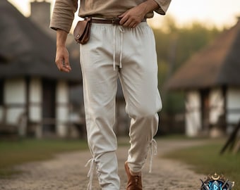 Middeleeuwse Vikingbroek voor heren – LARP-broek, renaissancekostuum, katoenen broek met trekkoord, fantasy-cosplaykleding