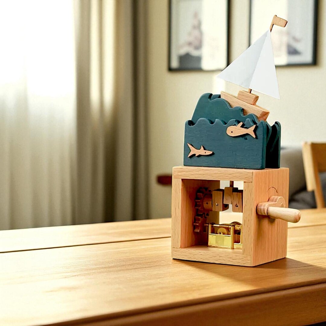 Sailboat Wooden Automaton Music Box • Mechanical Hand-crank Sculpture ...