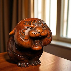 Cute Antique Chinese Boxwood Tiger Statue | Hand-Carved Adorable Wooden Figurine | Oriental Vintage Animal Sculpture Collectible Home Decor