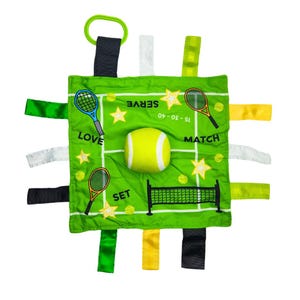 Tennis Ball Lovey: Sensory Plush Blanket with Ribbons & Toy Link