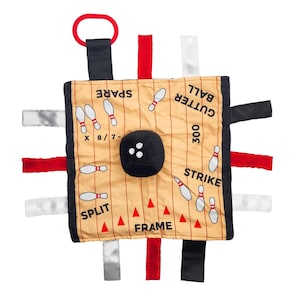 Bowling Ball Lovey: Sensory Plush Tag Blanket, Baby Stroller Toy