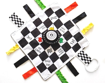 Baby Jack & Co 10x10” Racing Sports Lovey Sensory Plush Blanket - Tag Toy - Baby Stroller Toy - Perfect MVP Baby Tire Toy - Baby Sports Gift