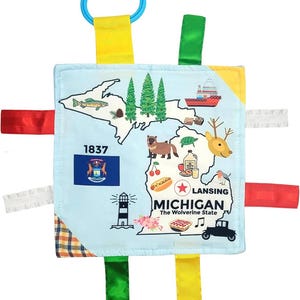 Michigan State Pride Crinkle Tag Toy Square Stroller Gift for Baby - Teaches State Facts