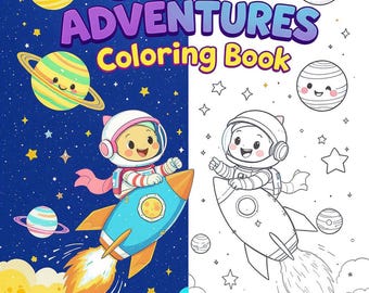 May include: A colorful "Space Adventures Coloring Book" cover. The left side features a cartoon astronaut on a rocket, planets, and stars against a dark blue background. The right side is a black and white outline of the same scene.