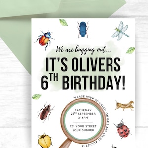 Kids Bug or Beetle Themed Birthday Invitation Template. Editable in canva