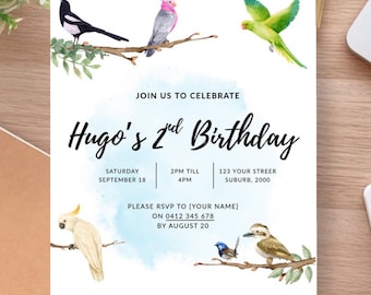 Invitación de cumpleaños infantil con temática de pájaros