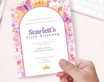 Girls Princess Theme Birthday Invitation with Unicorns and Butterflies