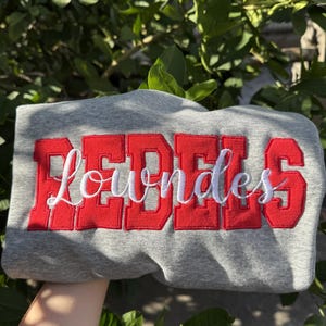 Może przedstawiać: Szara bluza z napisem "REBELS" w dużych czerwonych literach i "Lowndes" w białym skrypcie. Bluza wykonana jest z miękkiego materiału i jest odpowiednia do noszenia na co dzień.